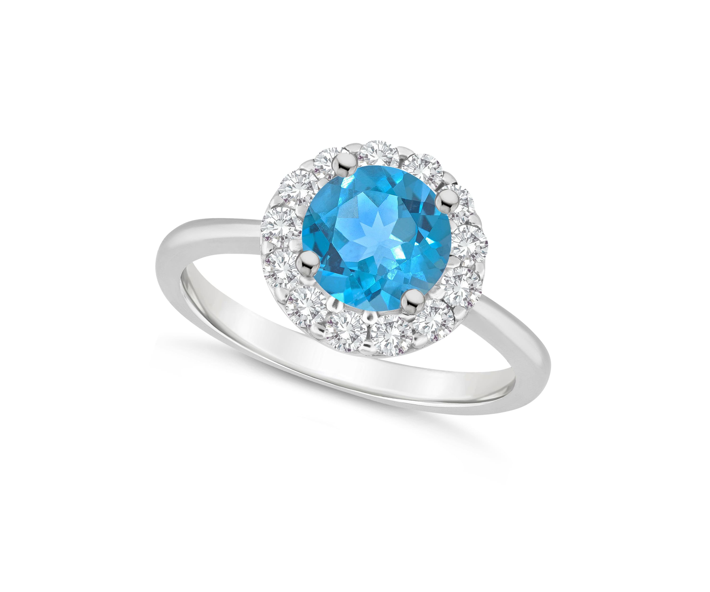 Sterling Silver 7mm Round Blue Topaz And White Topaz Halo Ring