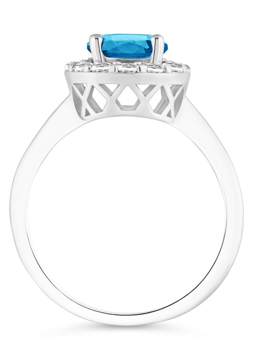Sterling Silver 7mm Round Blue Topaz And White Topaz Halo Ring