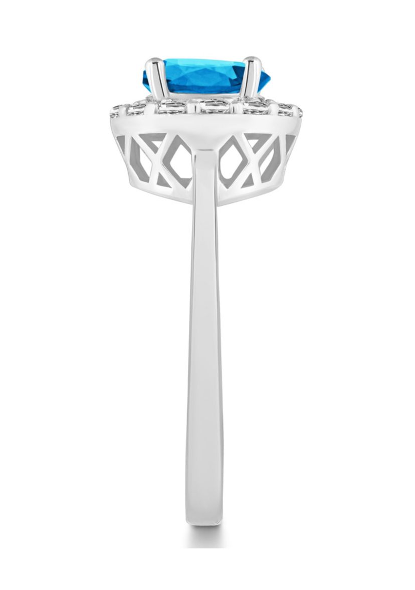 Sterling Silver 7mm Round Blue Topaz And White Topaz Halo Ring