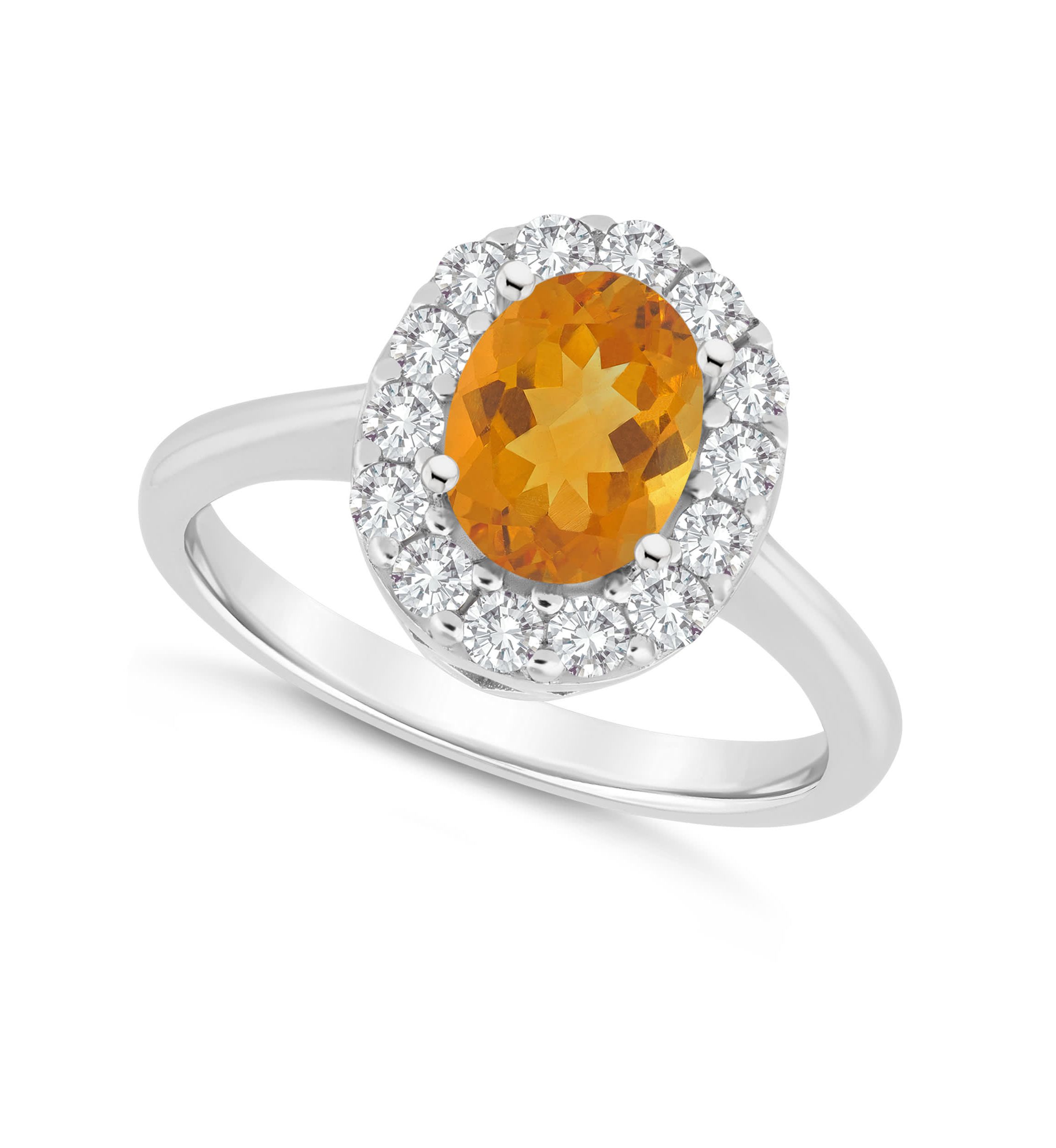 Sterling Silver 8x6mm Oval Citrine And White Topaz Halo Ring