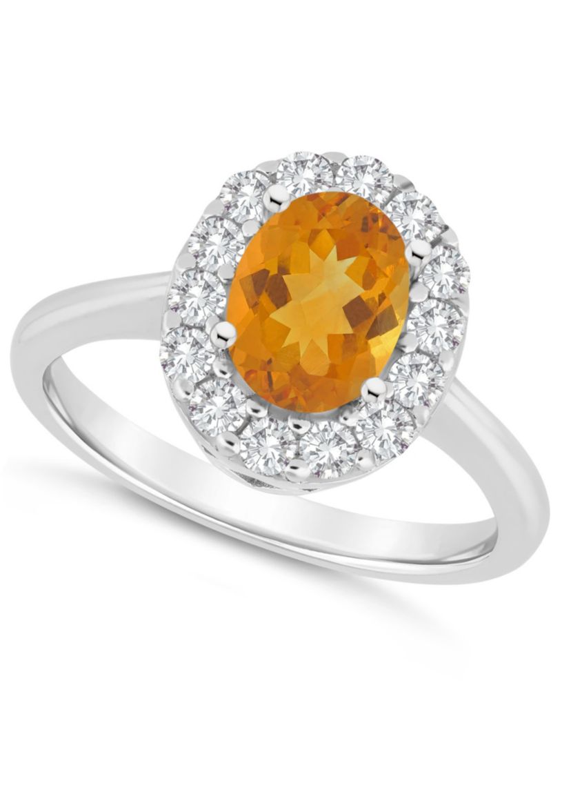 Sterling Silver 8x6mm Oval Citrine And White Topaz Halo Ring