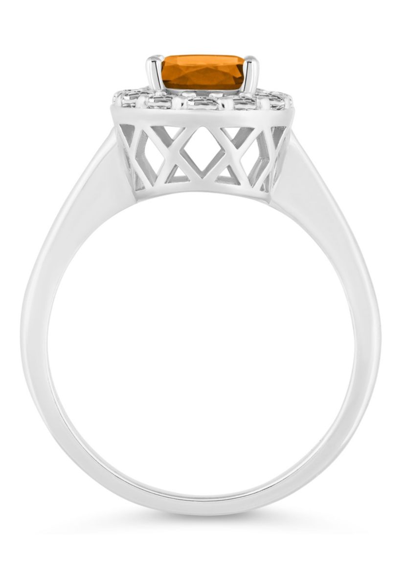Sterling Silver 8x6mm Oval Citrine And White Topaz Halo Ring