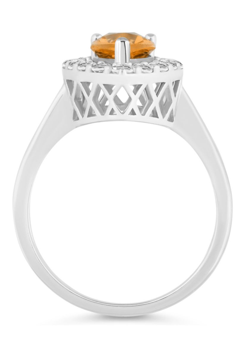 Sterling Silver 8x5mm Pear Shape Citrine And White Topaz Halo Ring