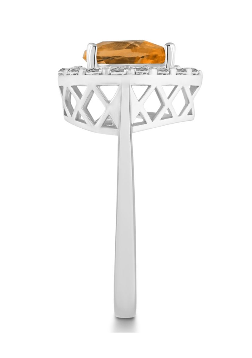 Sterling Silver 8x5mm Pear Shape Citrine And White Topaz Halo Ring