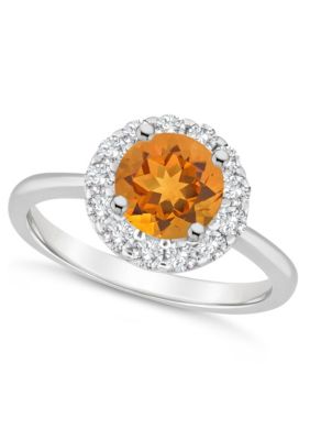 Sterling Silver 7mm Round Citrine And White Topaz Halo Ring