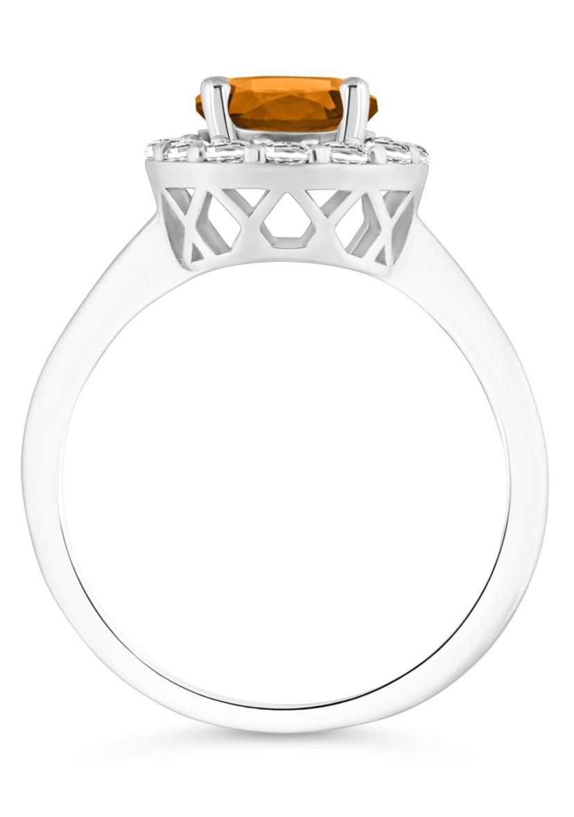 Sterling Silver 7mm Round Citrine And White Topaz Halo Ring