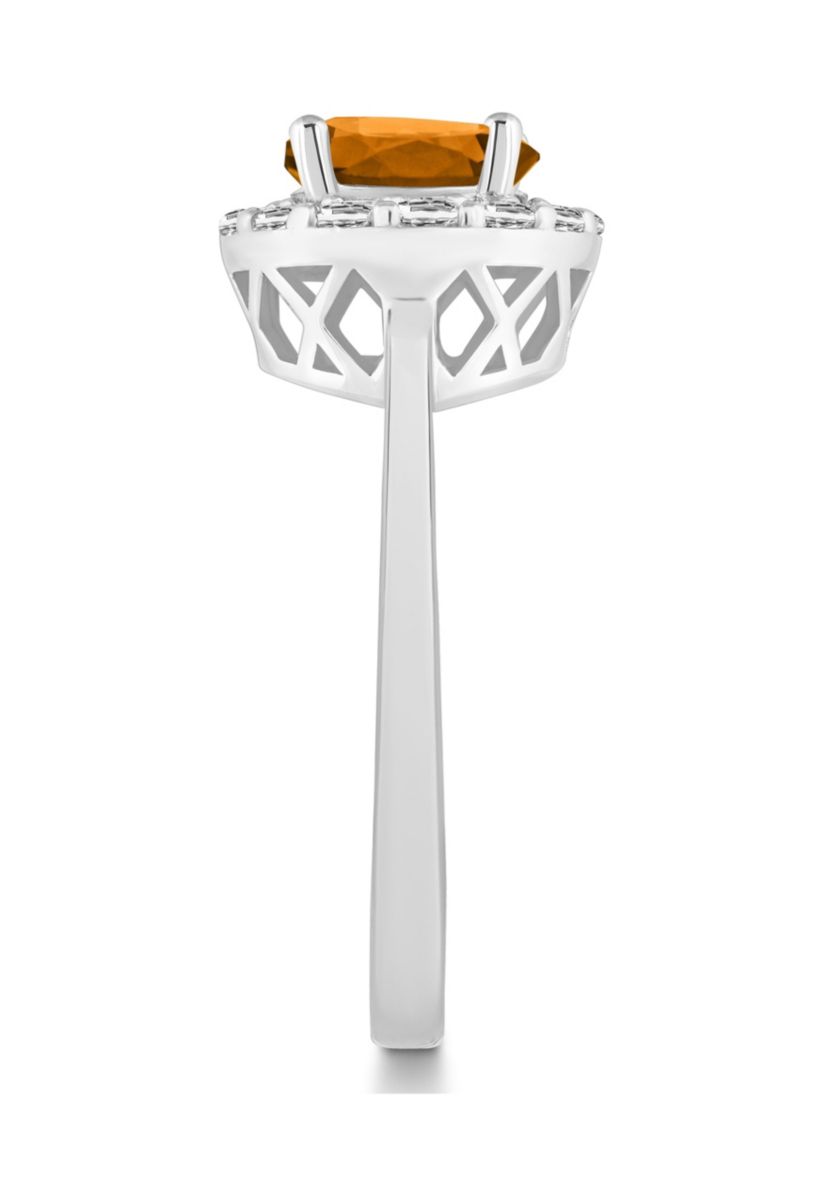 Sterling Silver 7mm Round Citrine And White Topaz Halo Ring