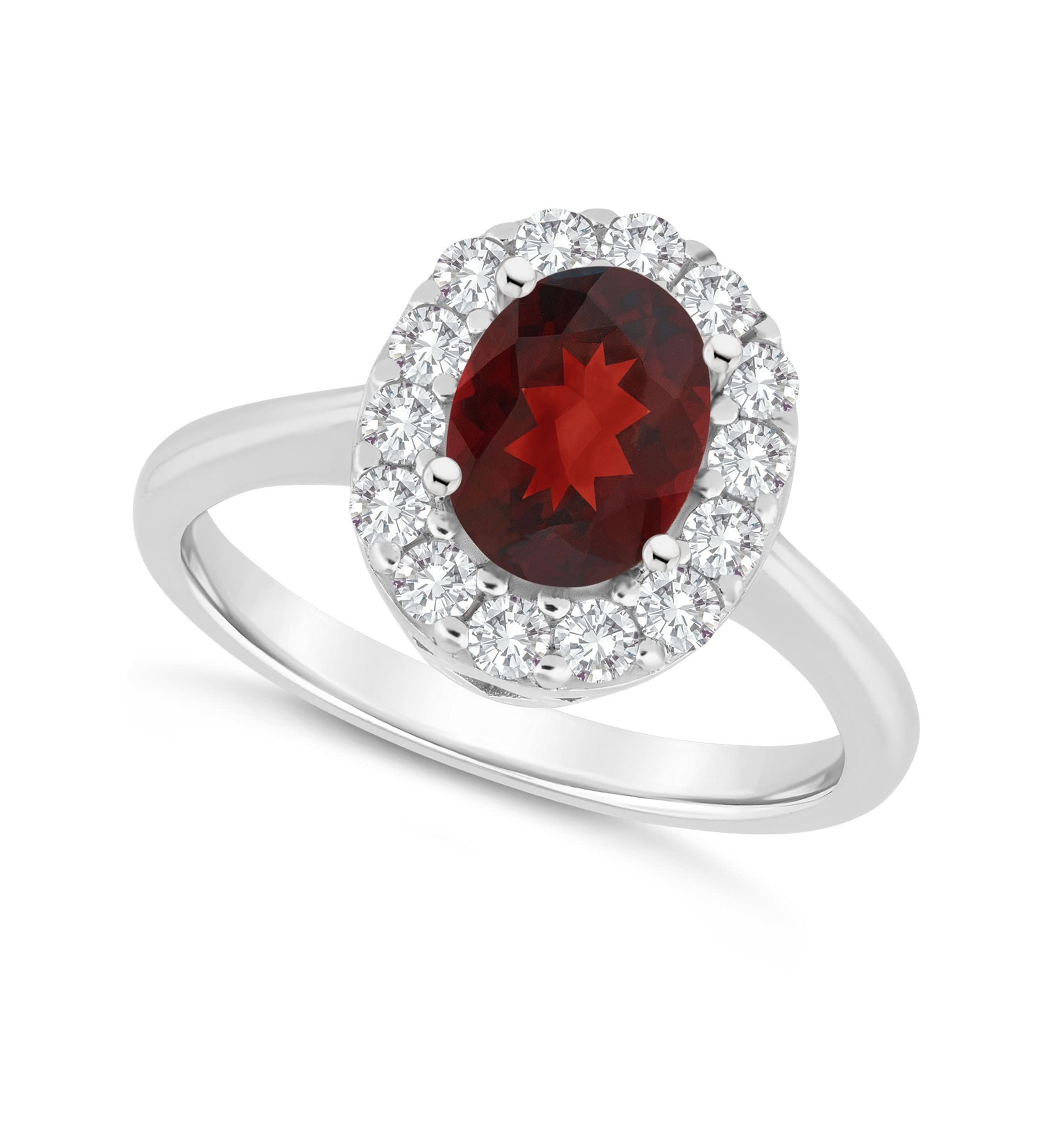 Sterling Silver 8x6mm Oval Garnet And White Topaz Halo Ring
