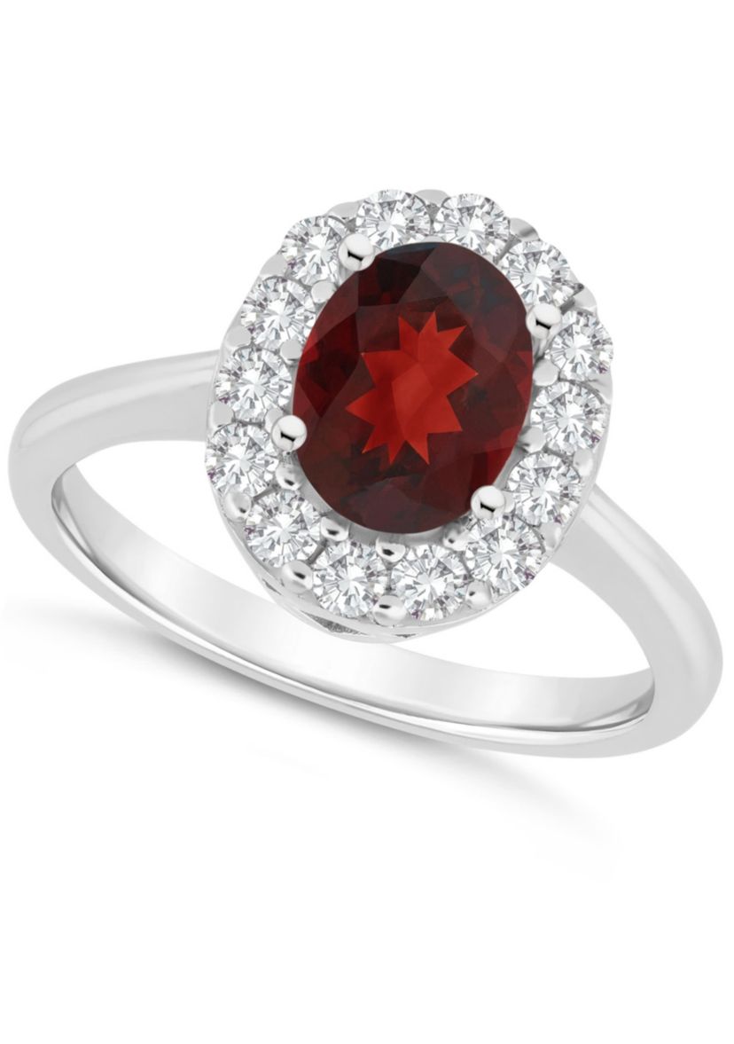 Sterling Silver 8x6mm Oval Garnet And White Topaz Halo Ring