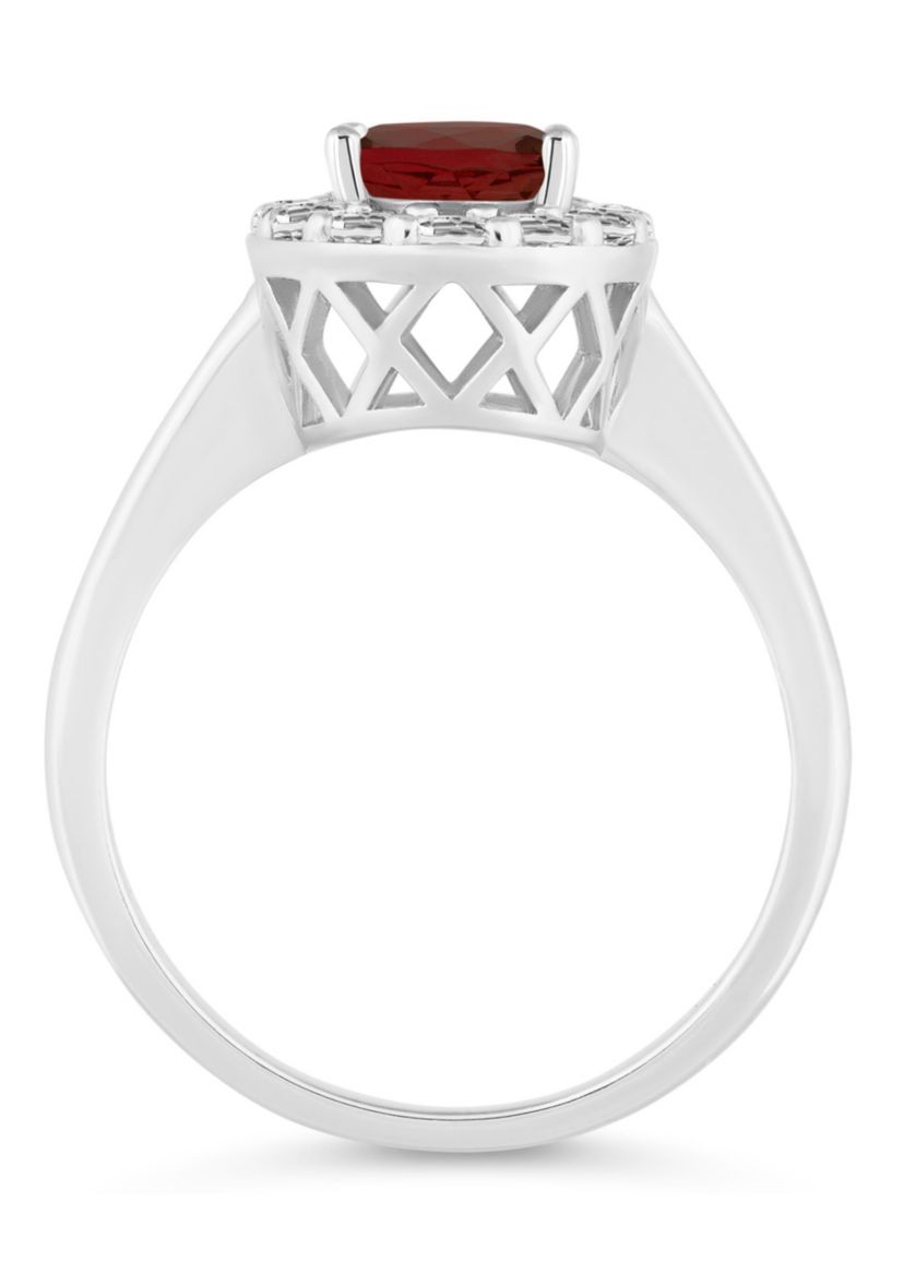 Sterling Silver 8x6mm Oval Garnet And White Topaz Halo Ring