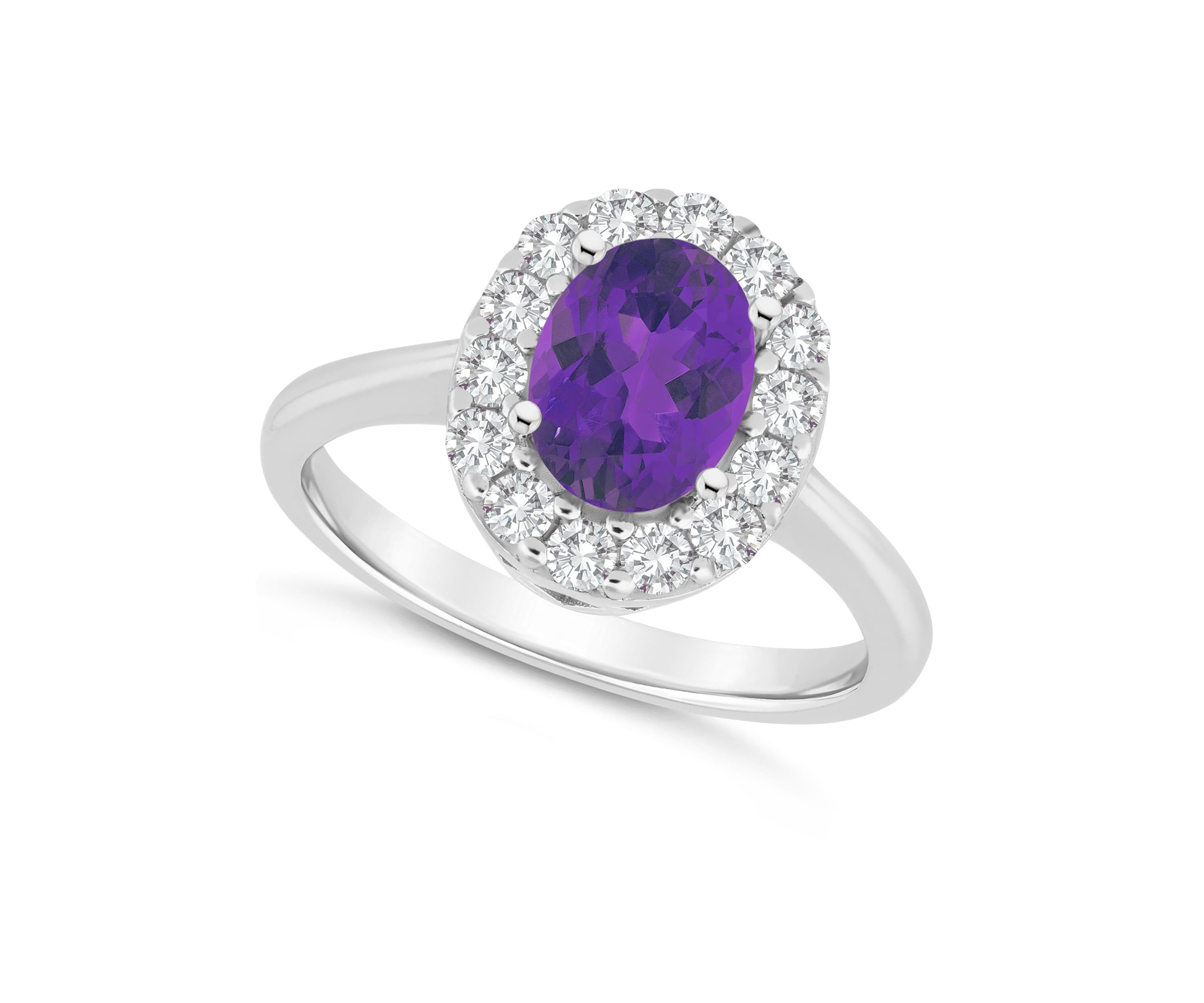 Sterling Silver 8x6mm Oval Amethyst And White Topaz Halo Ring