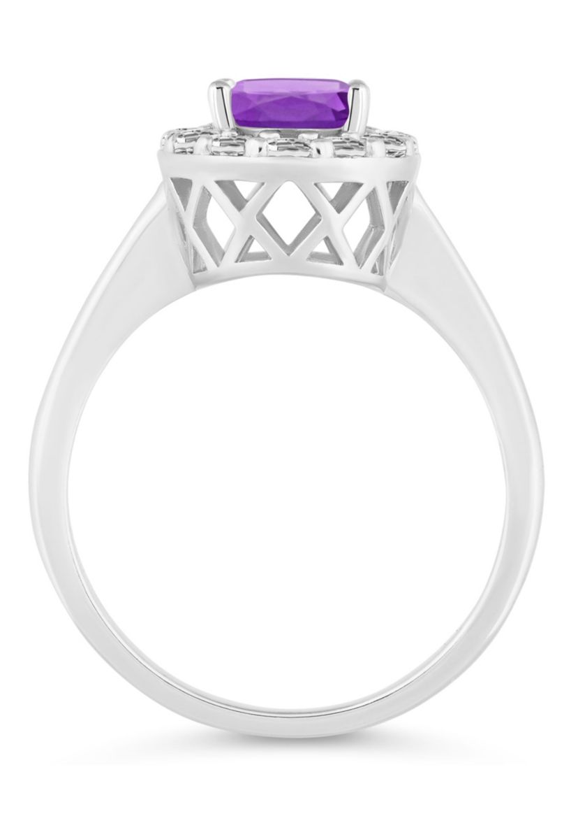 Sterling Silver 8x6mm Oval Amethyst And White Topaz Halo Ring