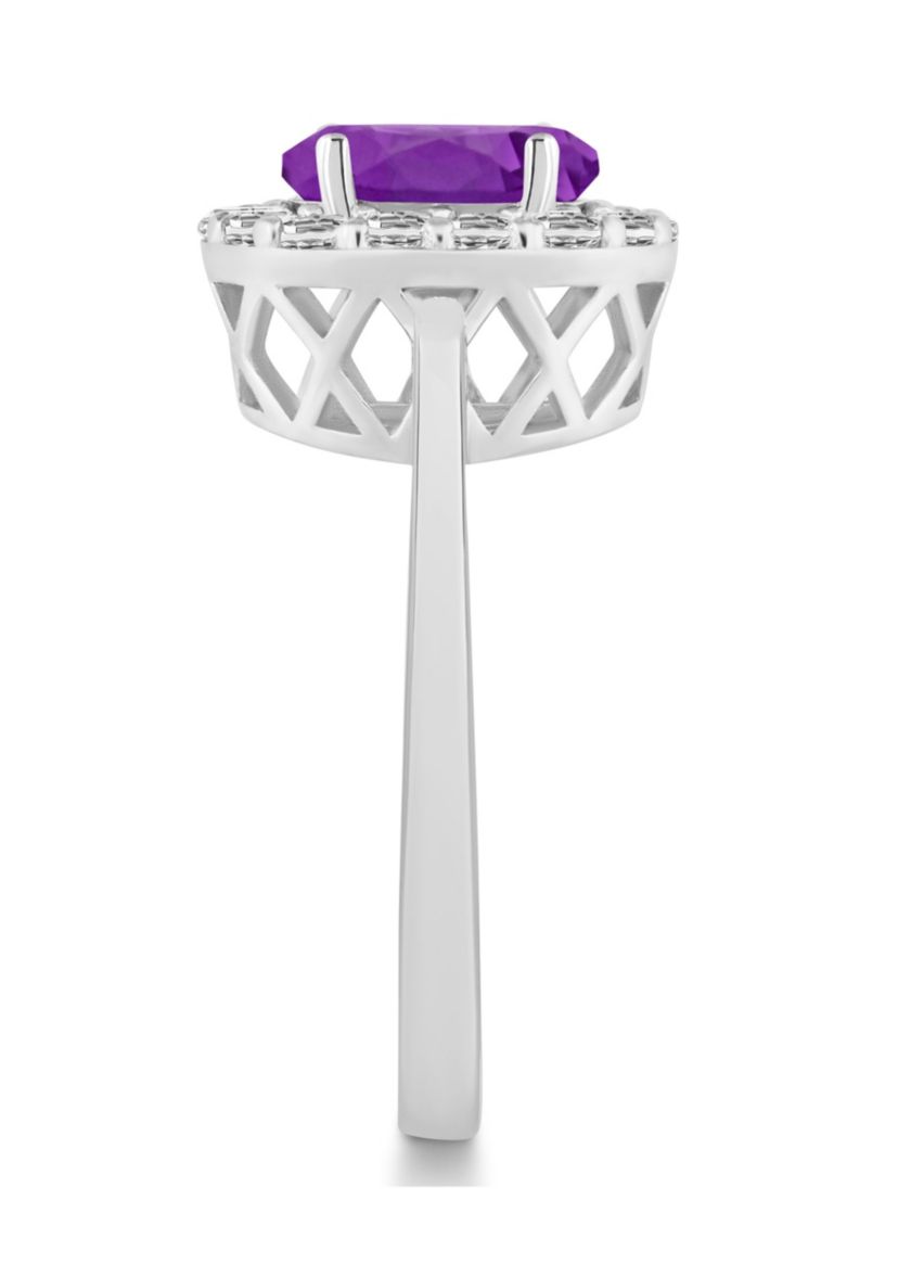 Sterling Silver 8x6mm Oval Amethyst And White Topaz Halo Ring