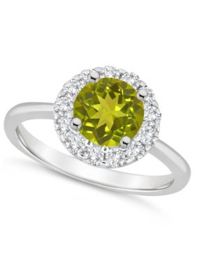 Sterling Silver 7mm Round Peridot And White Topaz Halo Ring