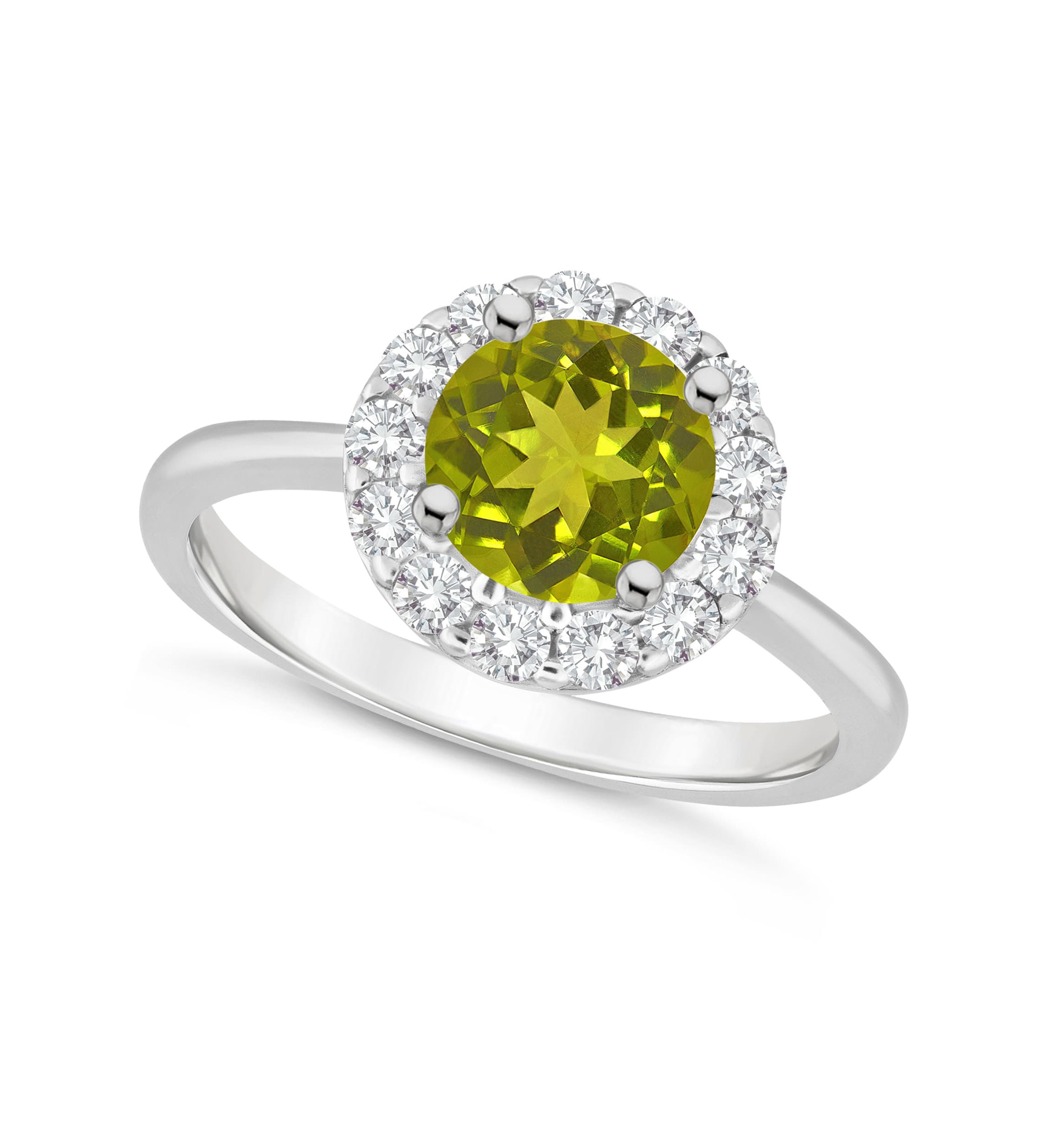 Sterling Silver 7mm Round Peridot And White Topaz Halo Ring
