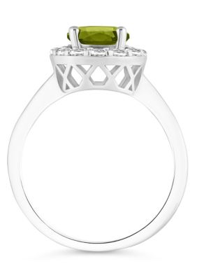 Sterling Silver 7mm Round Peridot And White Topaz Halo Ring