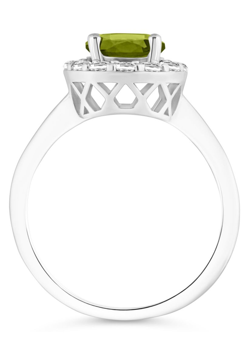 Sterling Silver 7mm Round Peridot And White Topaz Halo Ring