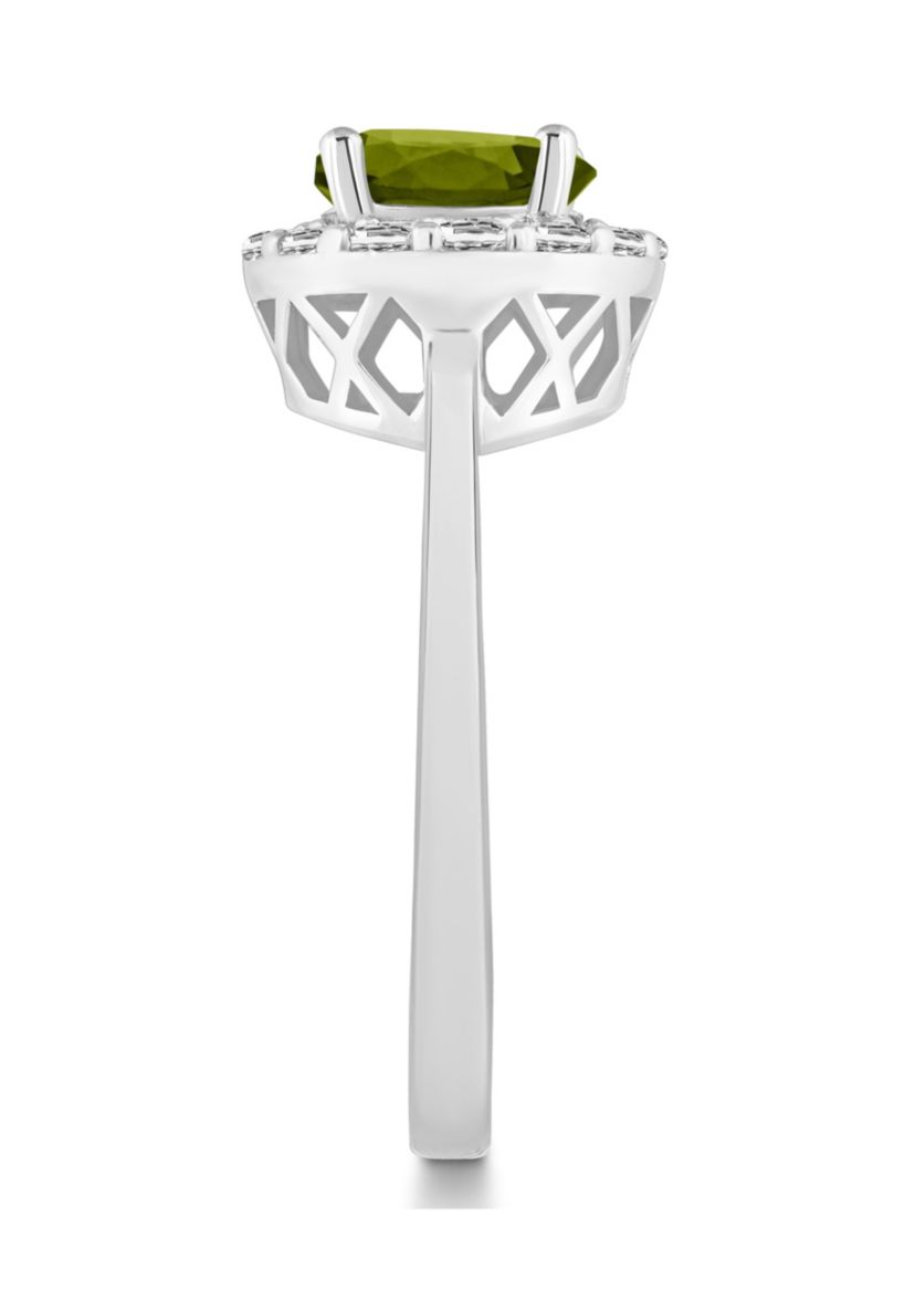 Sterling Silver 7mm Round Peridot And White Topaz Halo Ring