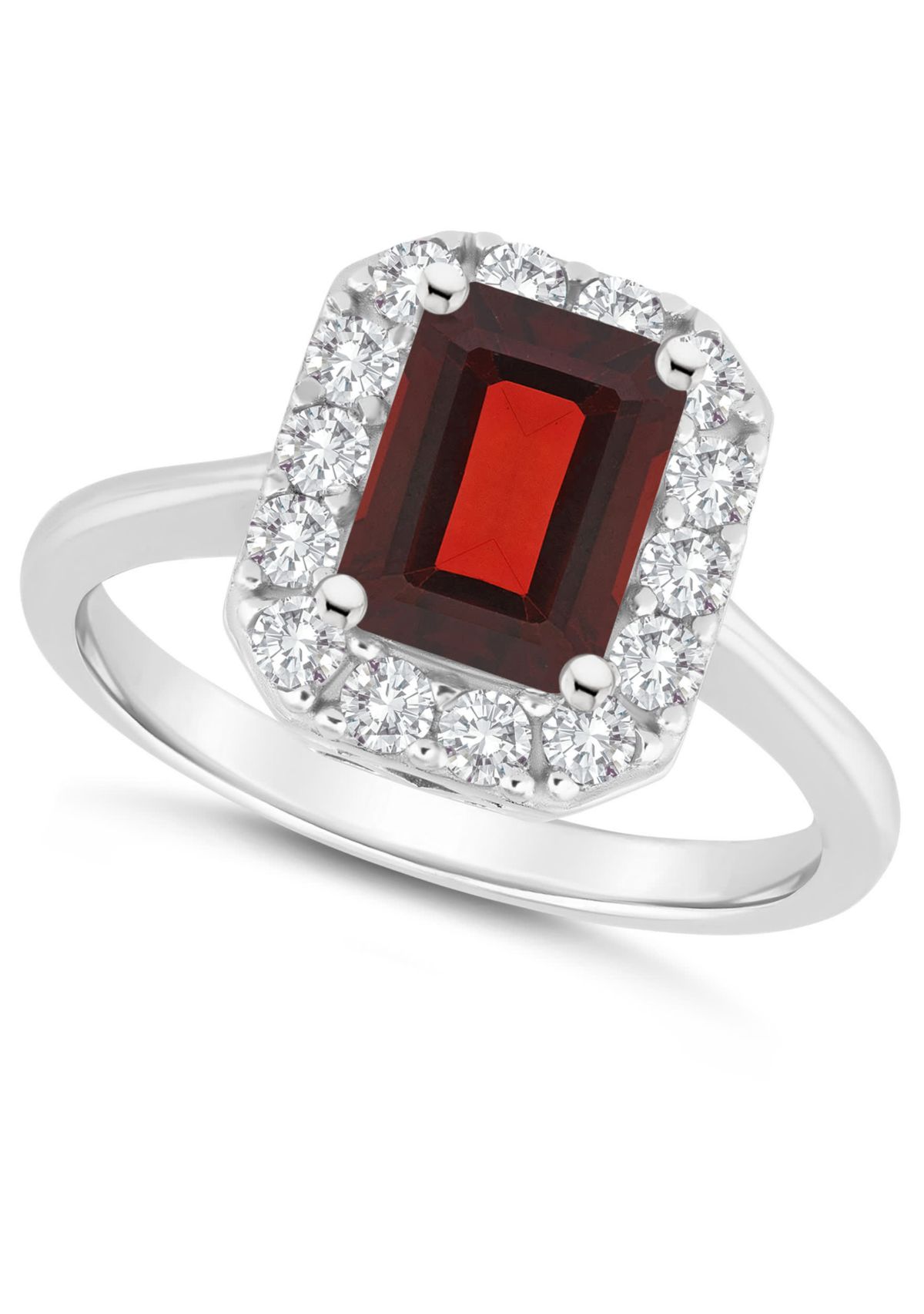 Sterling Silver 8x6mm Emerald Cut Garnet And White Topaz Halo Ring