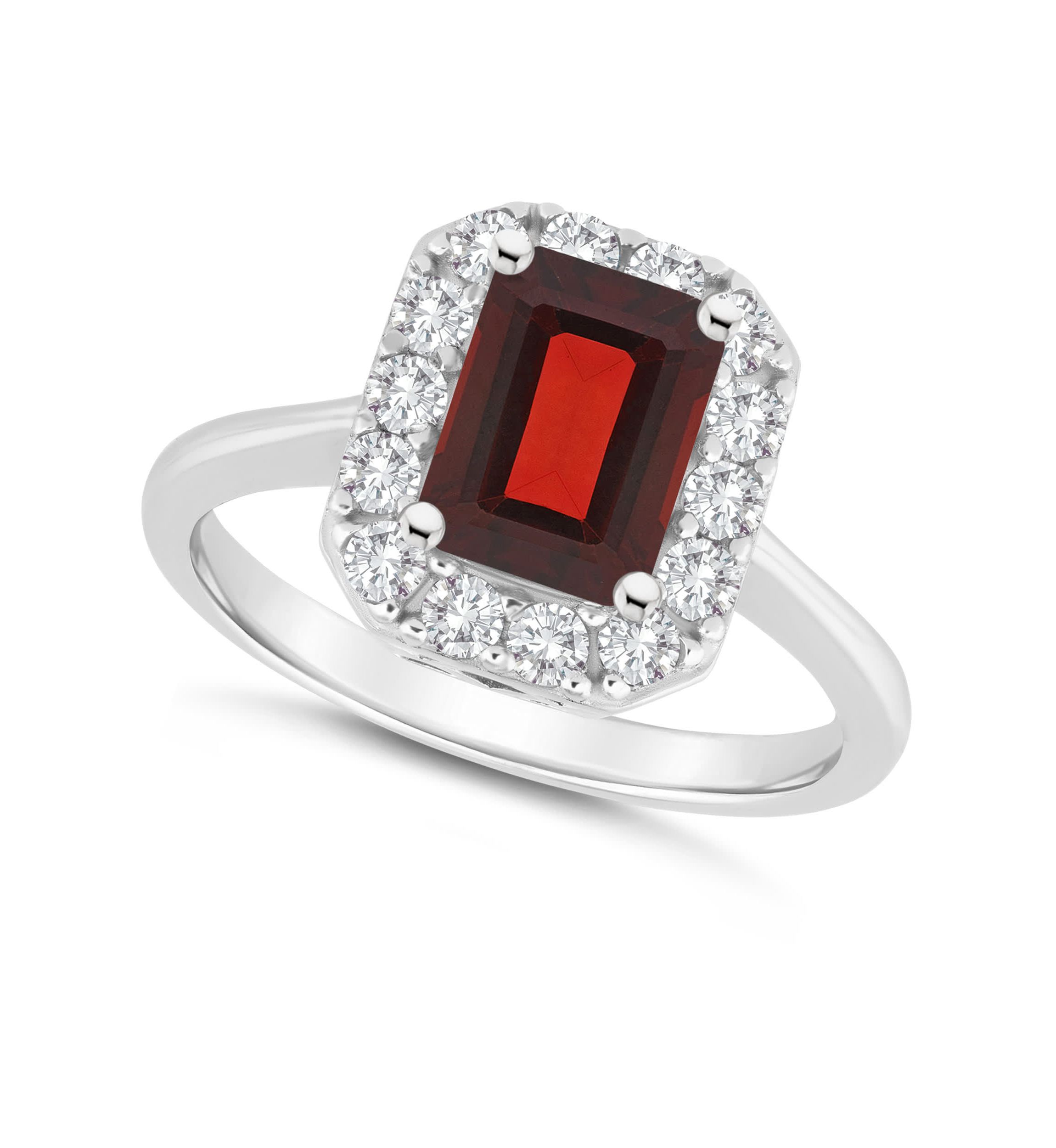 Sterling Silver 8x6mm Emerald Cut Garnet And White Topaz Halo Ring