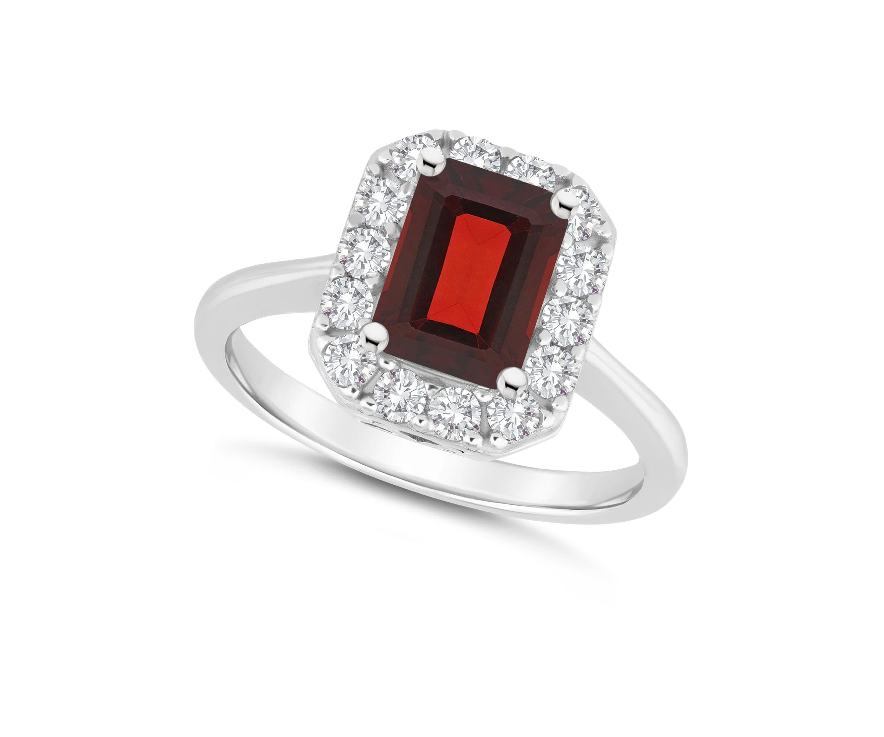 Sterling Silver 8x6mm Emerald Cut Garnet And White Topaz Halo Ring