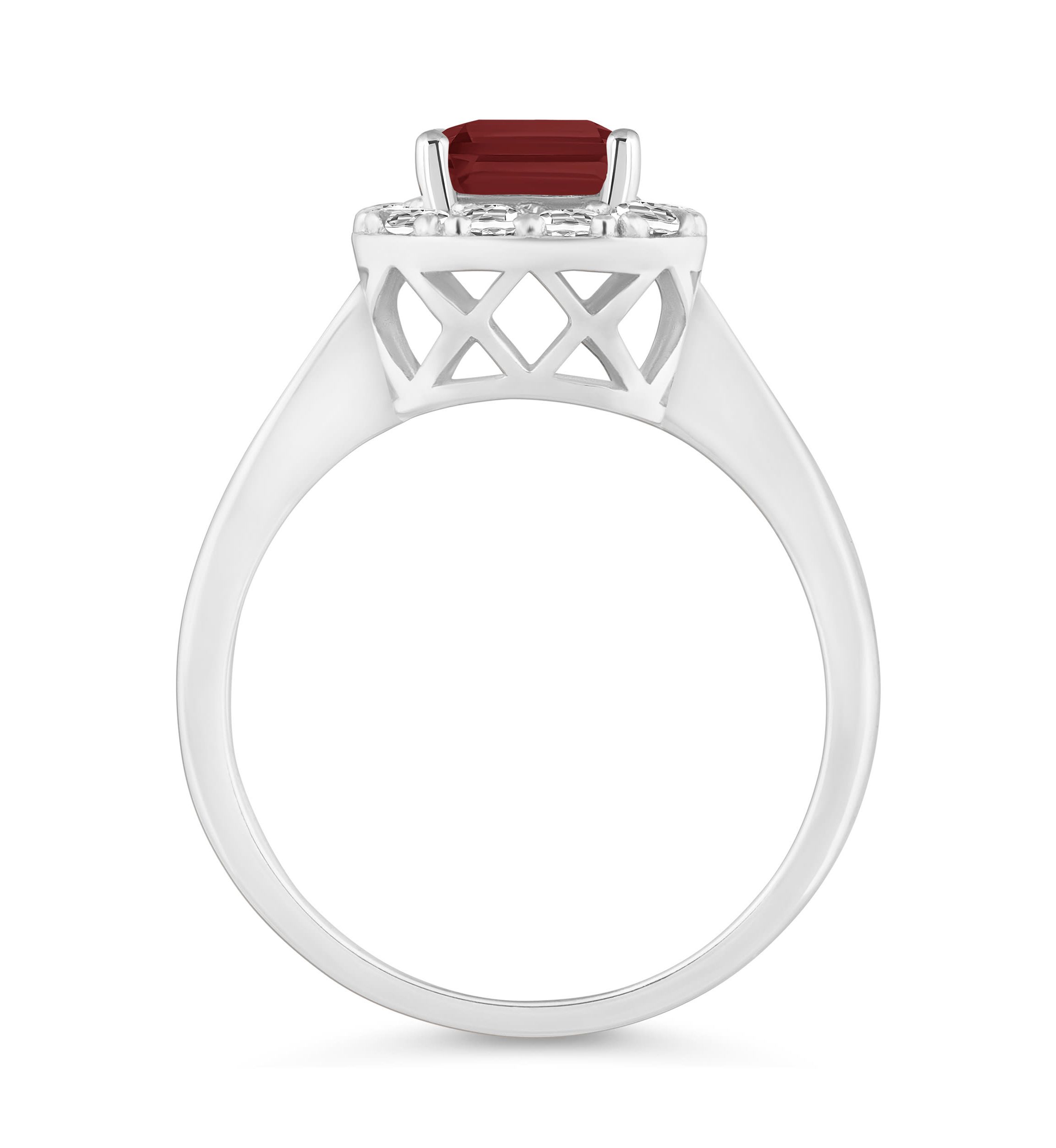 Sterling Silver 8x6mm Emerald Cut Garnet And White Topaz Halo Ring