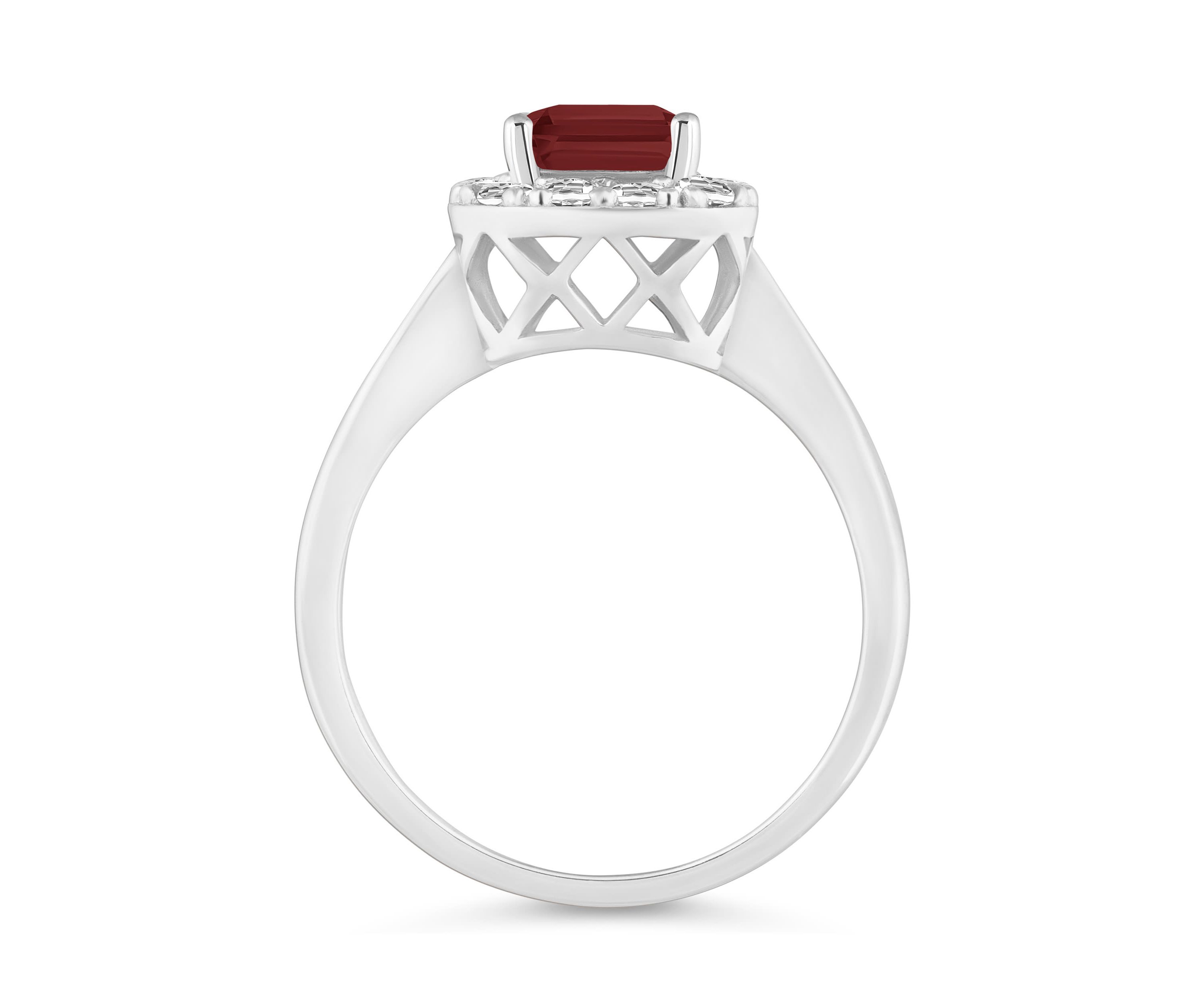 Sterling Silver 8x6mm Emerald Cut Garnet And White Topaz Halo Ring