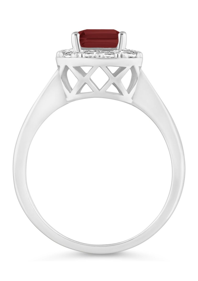 Sterling Silver 8x6mm Emerald Cut Garnet And White Topaz Halo Ring