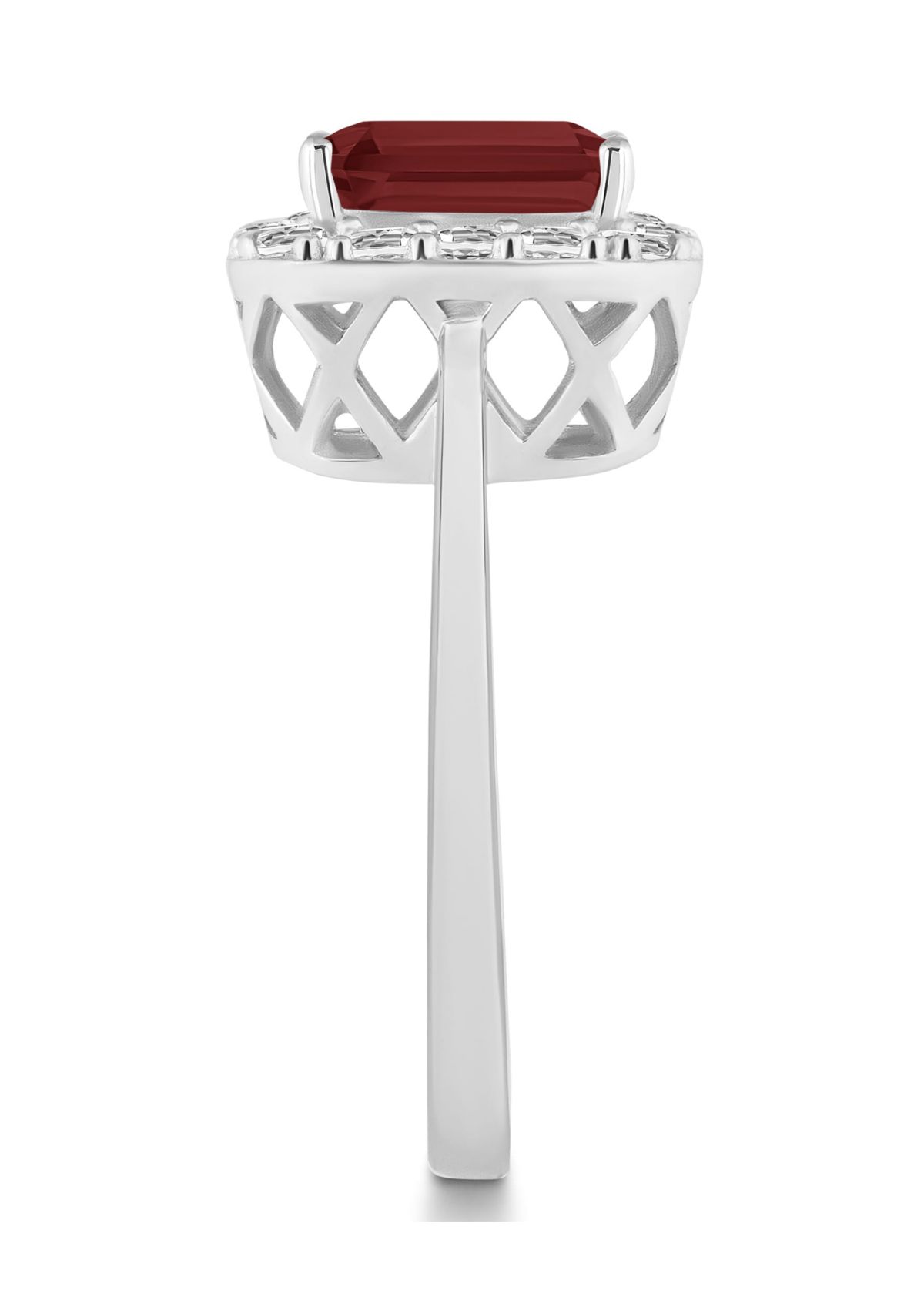 Sterling Silver 8x6mm Emerald Cut Garnet And White Topaz Halo Ring