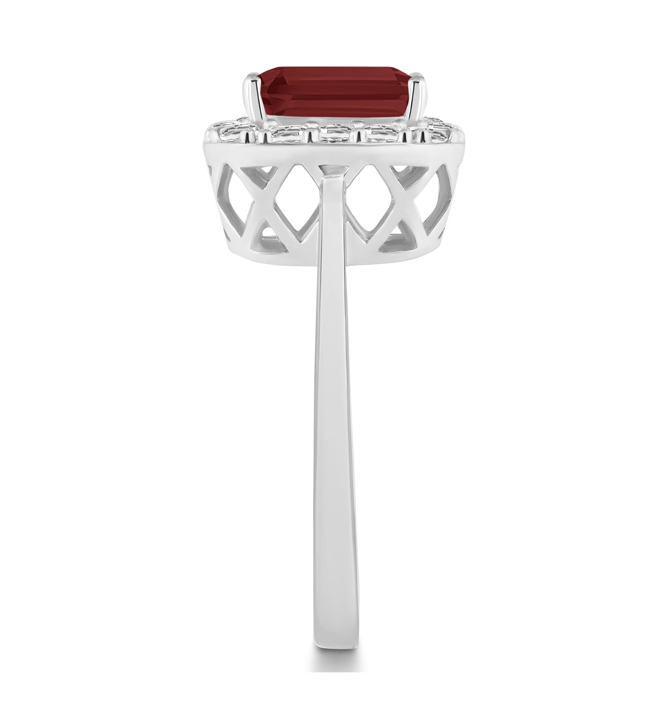 Sterling Silver 8x6mm Emerald Cut Garnet And White Topaz Halo Ring