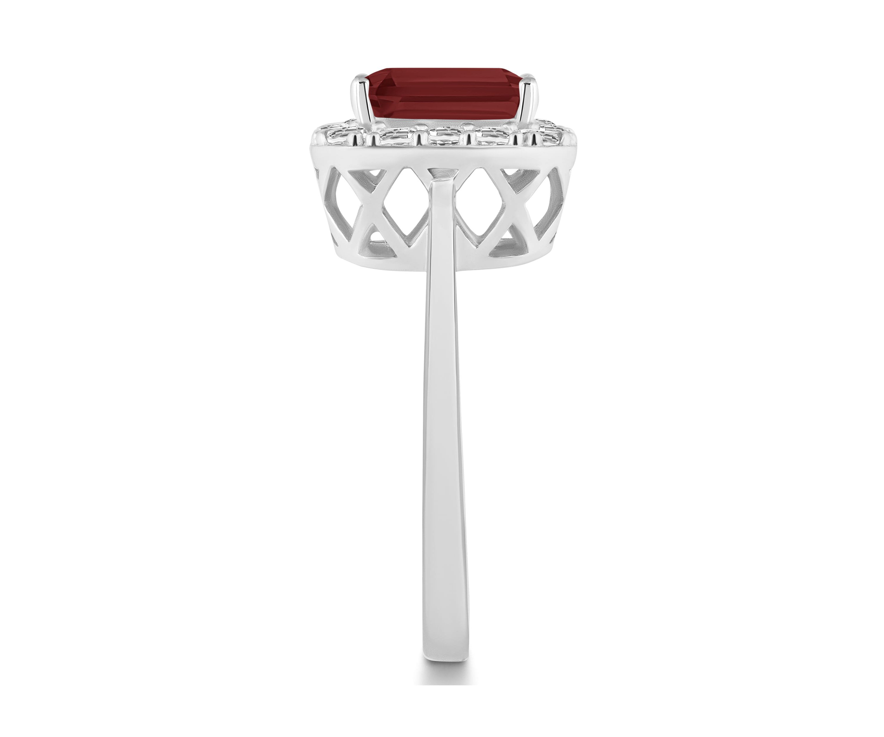Sterling Silver 8x6mm Emerald Cut Garnet And White Topaz Halo Ring