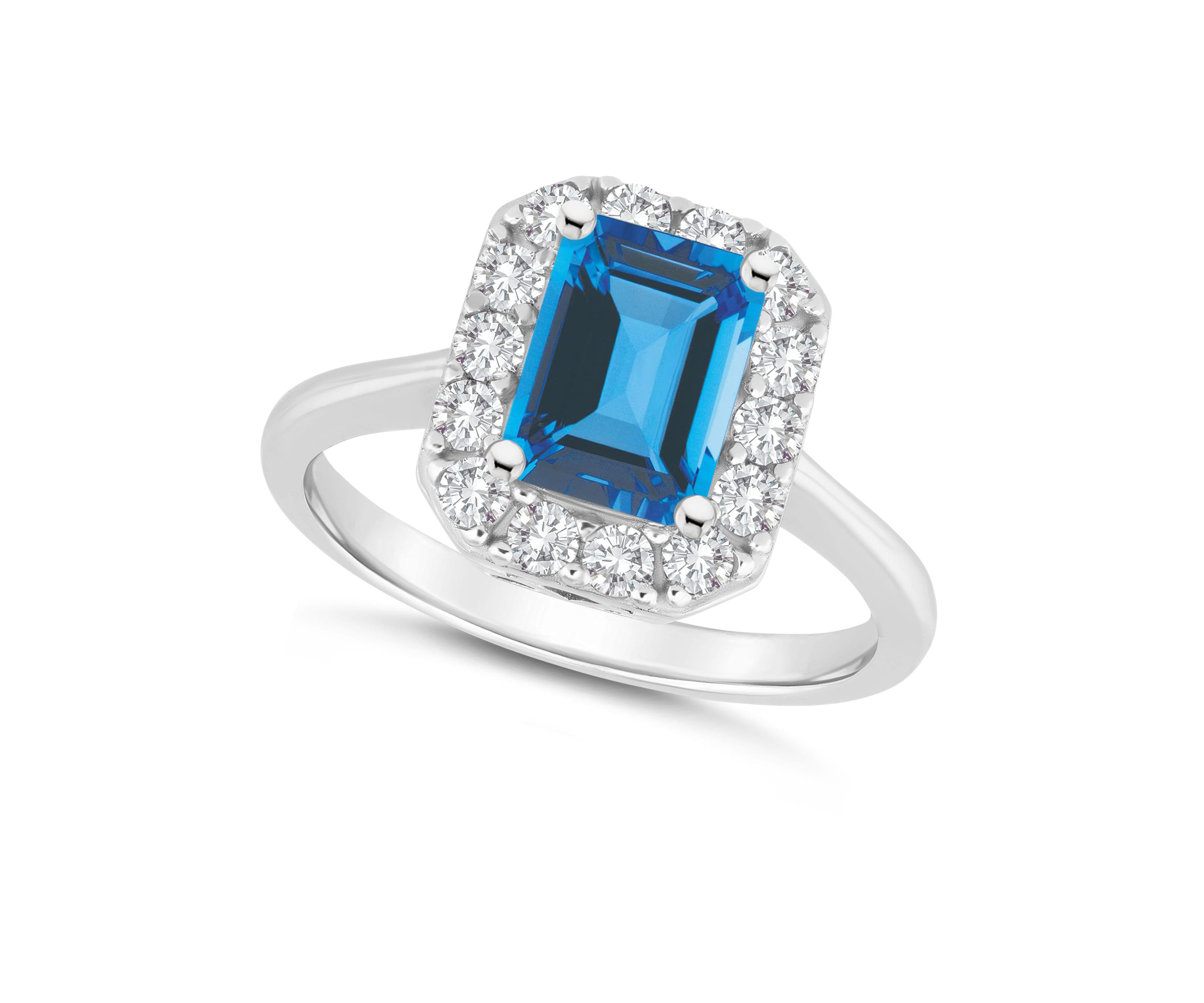 Sterling Silver 8x6mm Emerald Cut Blue Topaz And White Topaz Halo Ring