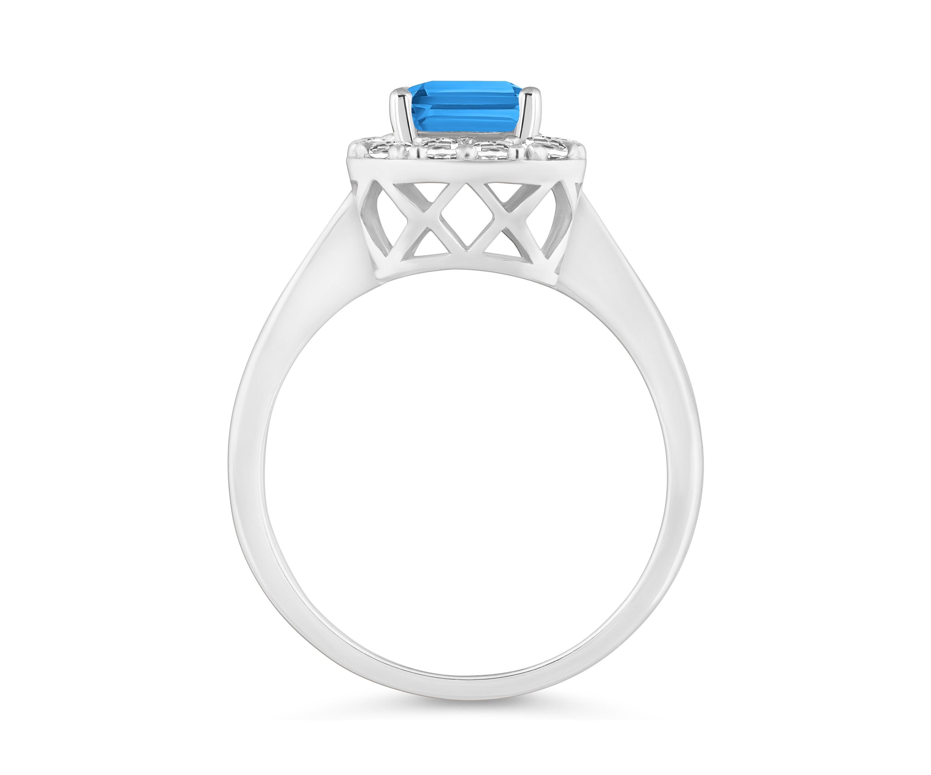 Sterling Silver 8x6mm Emerald Cut Blue Topaz And White Topaz Halo Ring