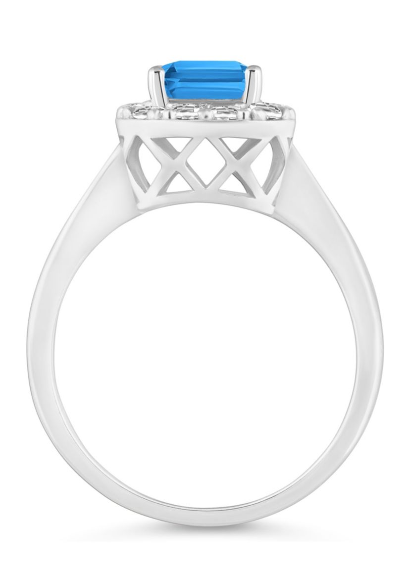 Sterling Silver 8x6mm Emerald Cut Blue Topaz And White Topaz Halo Ring