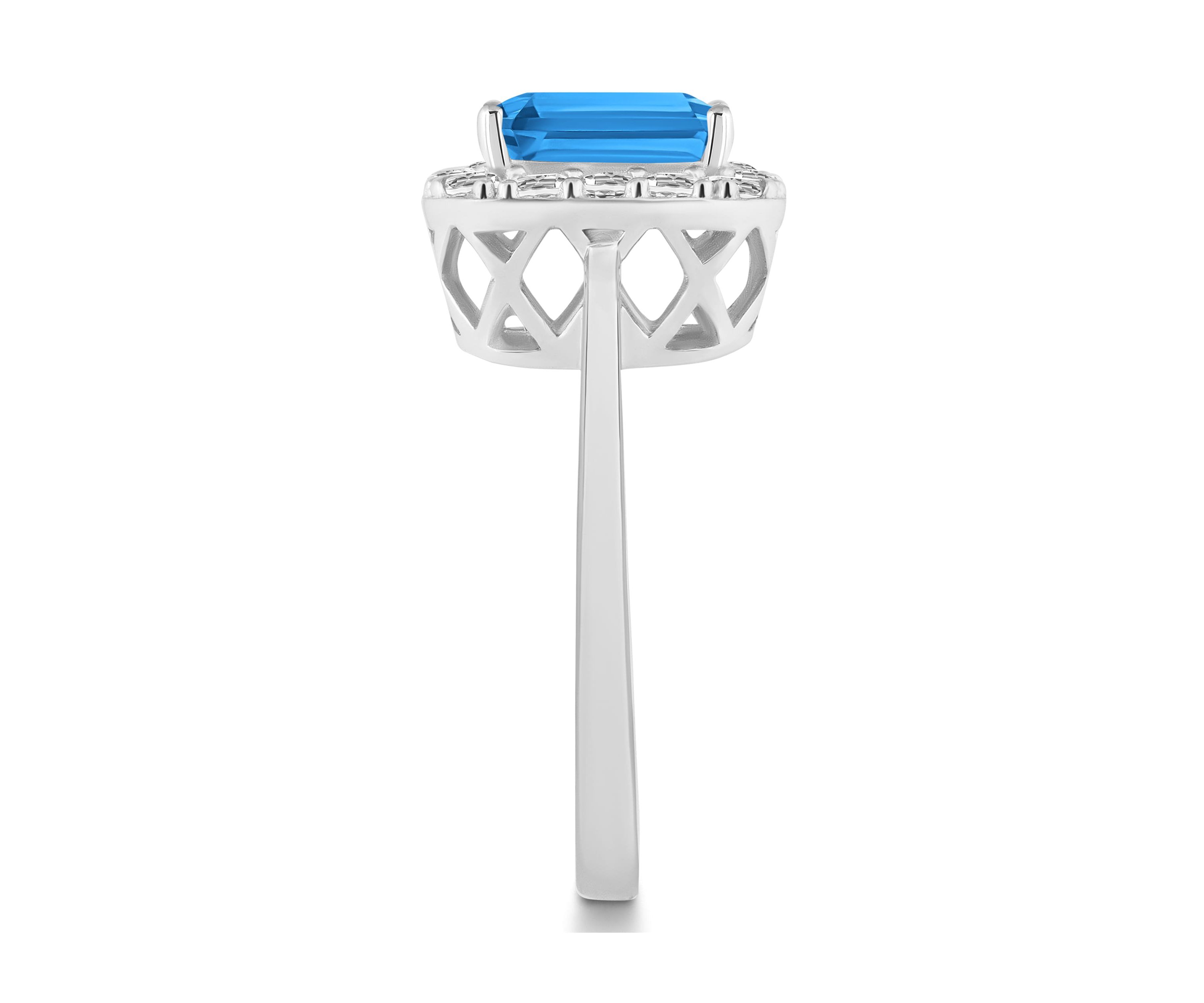 Sterling Silver 8x6mm Emerald Cut Blue Topaz And White Topaz Halo Ring