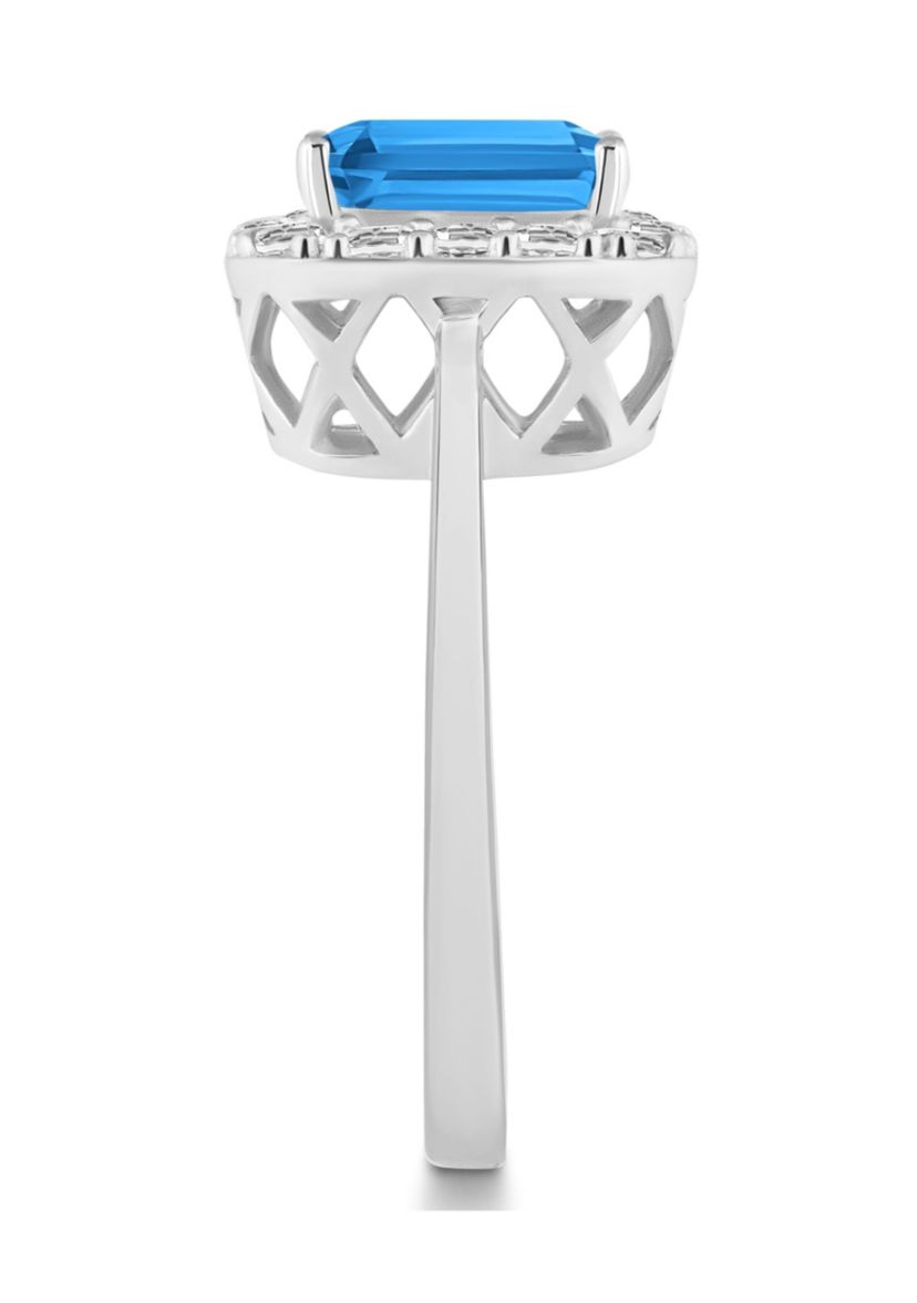 Sterling Silver 8x6mm Emerald Cut Blue Topaz And White Topaz Halo Ring