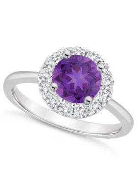 Sterling Silver 7mm Round Amethyst And White Topaz Halo Ring