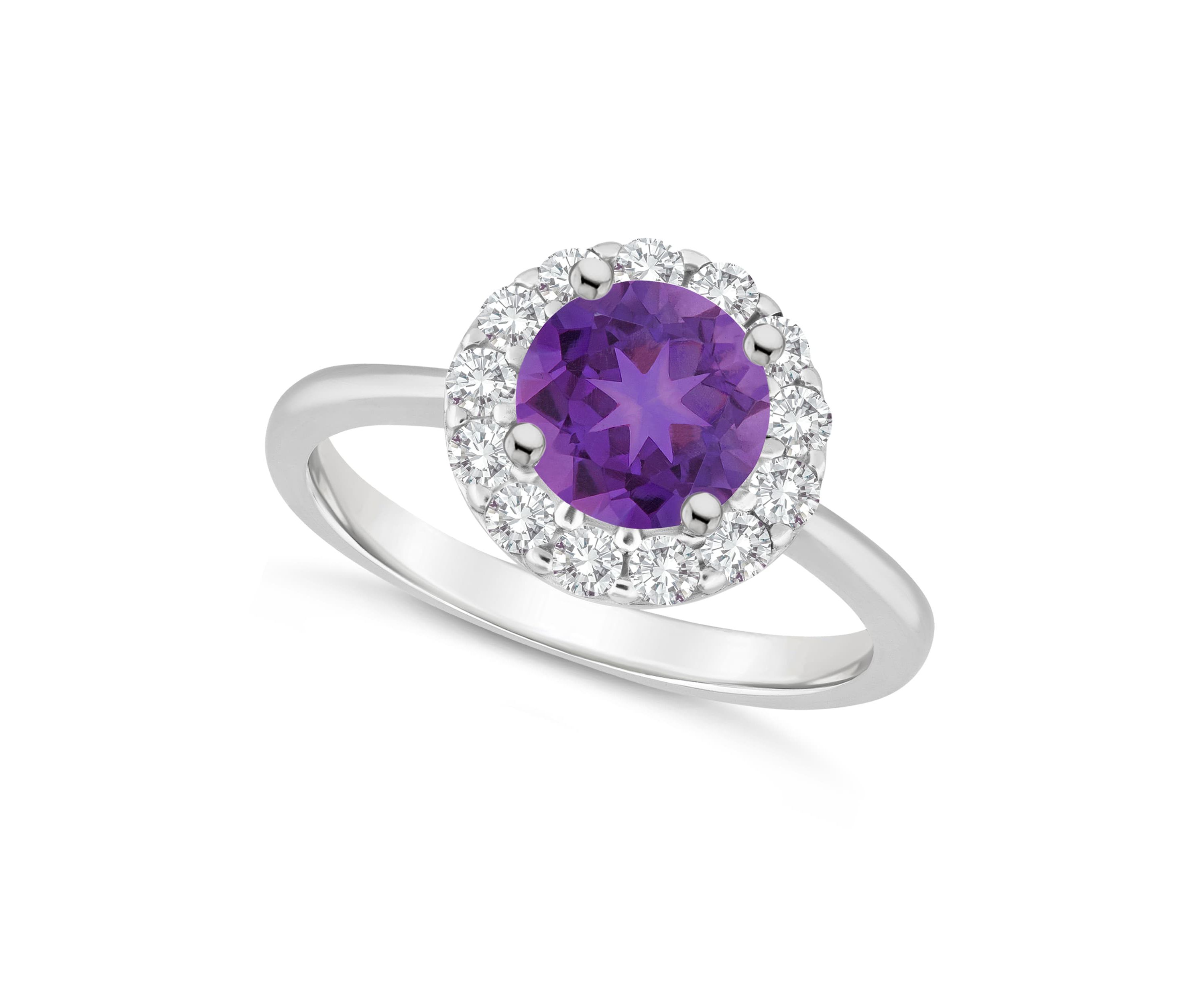 Sterling Silver 7mm Round Amethyst And White Topaz Halo Ring