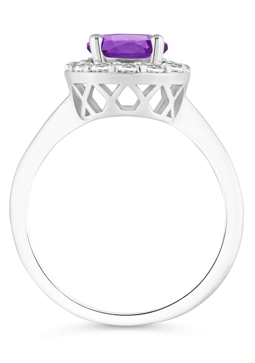 Sterling Silver 7mm Round Amethyst And White Topaz Halo Ring