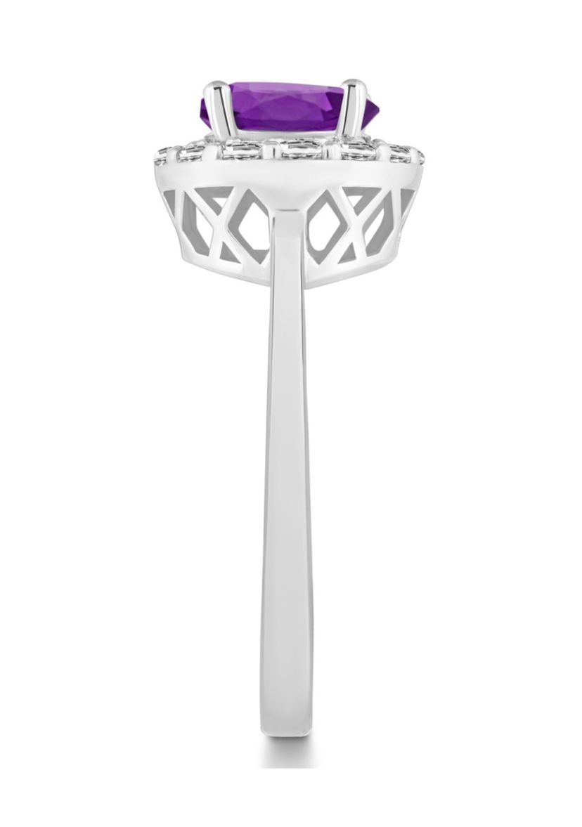 Sterling Silver 7mm Round Amethyst And White Topaz Halo Ring