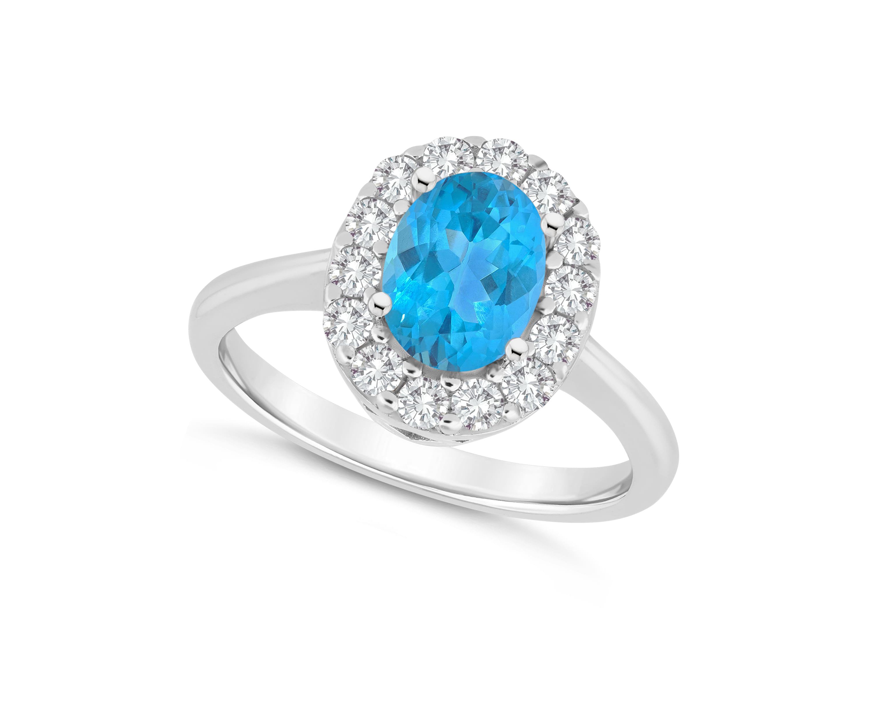 Sterling Silver 8x6mm Oval Blue Topaz And White Topaz Halo Ring