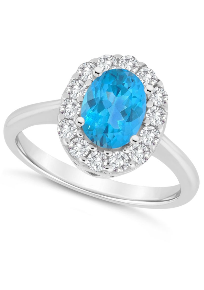 Sterling Silver 8x6mm Oval Blue Topaz And White Topaz Halo Ring