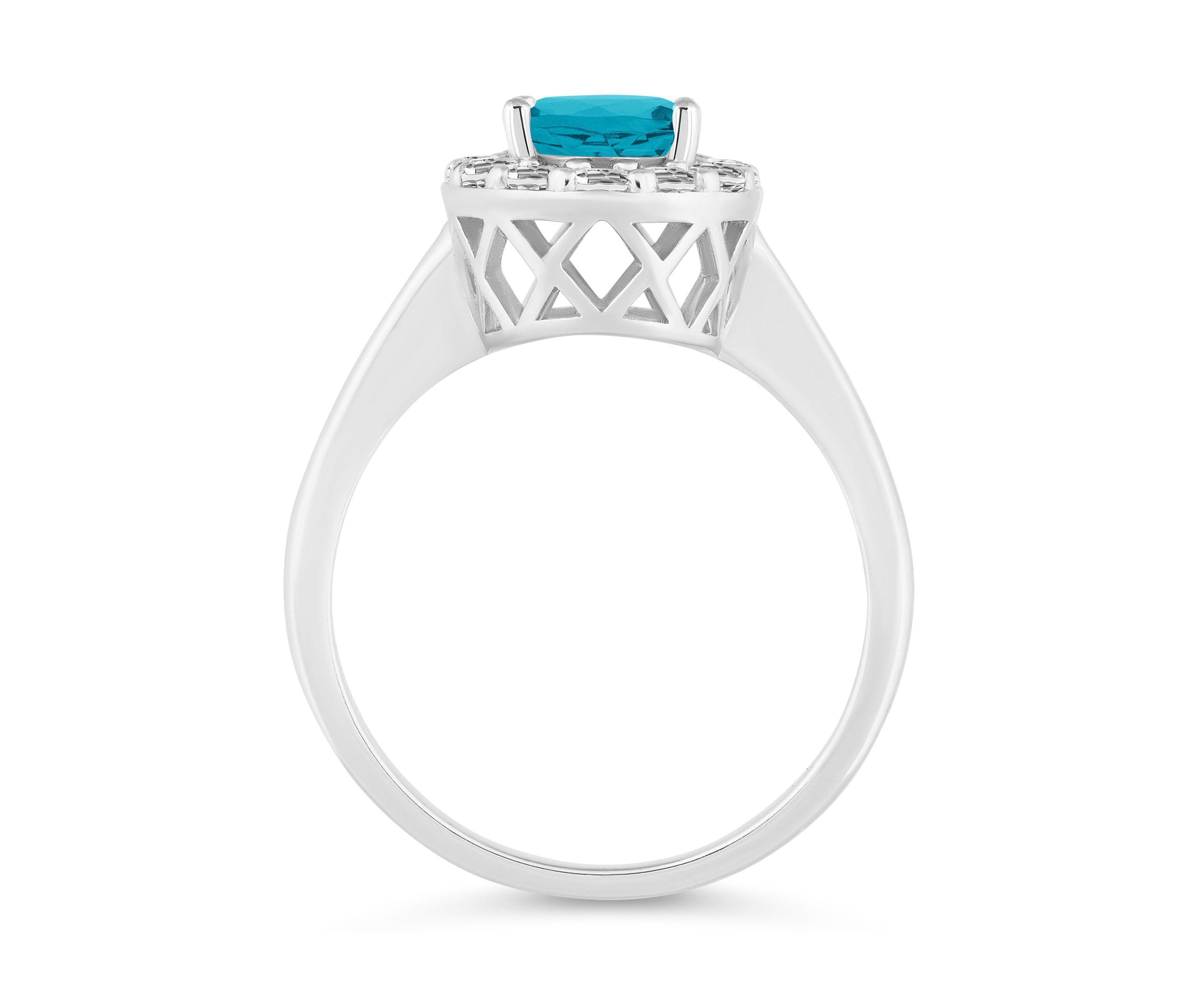 Sterling Silver 8x6mm Oval Blue Topaz And White Topaz Halo Ring