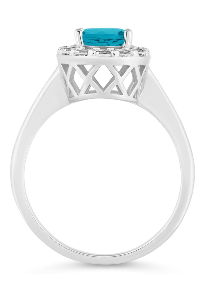 Sterling Silver 8x6mm Oval Blue Topaz And White Topaz Halo Ring