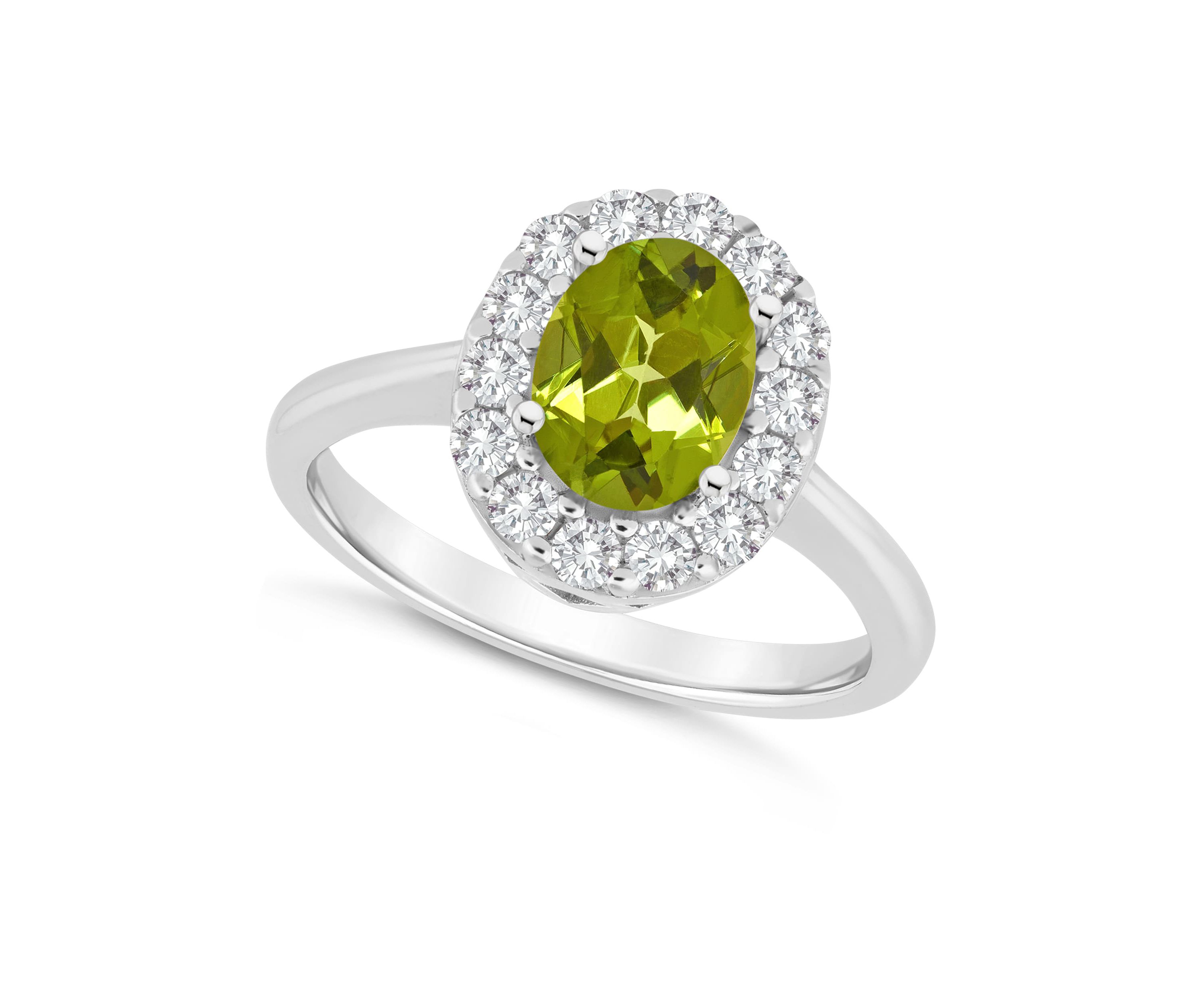Sterling Silver 8x6mm Oval Peridot And White Topaz Halo Ring
