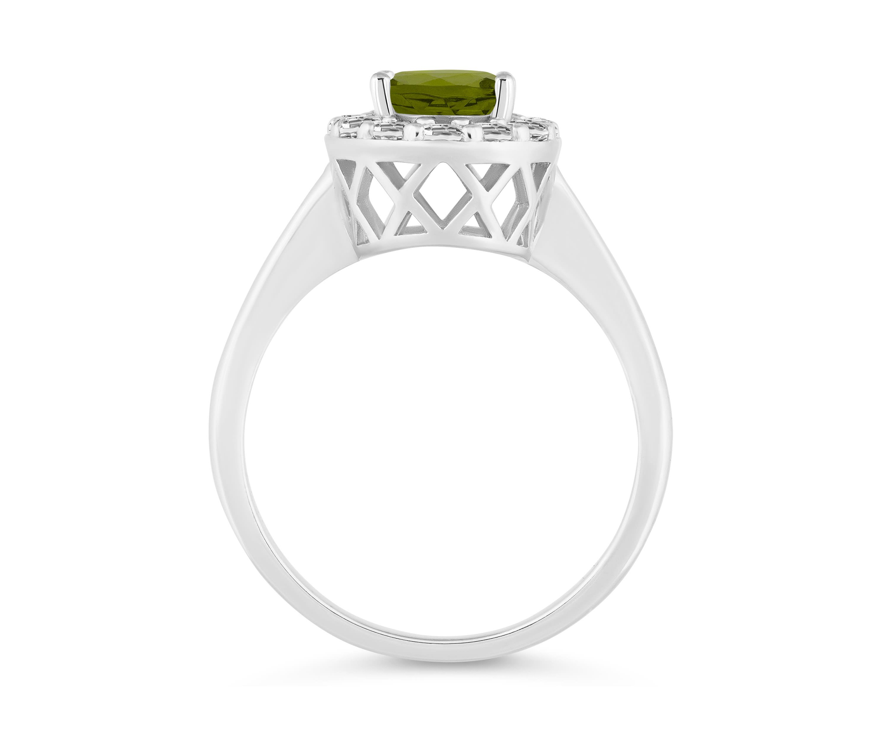 Sterling Silver 8x6mm Oval Peridot And White Topaz Halo Ring