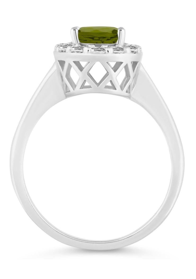 Sterling Silver 8x6mm Oval Peridot And White Topaz Halo Ring