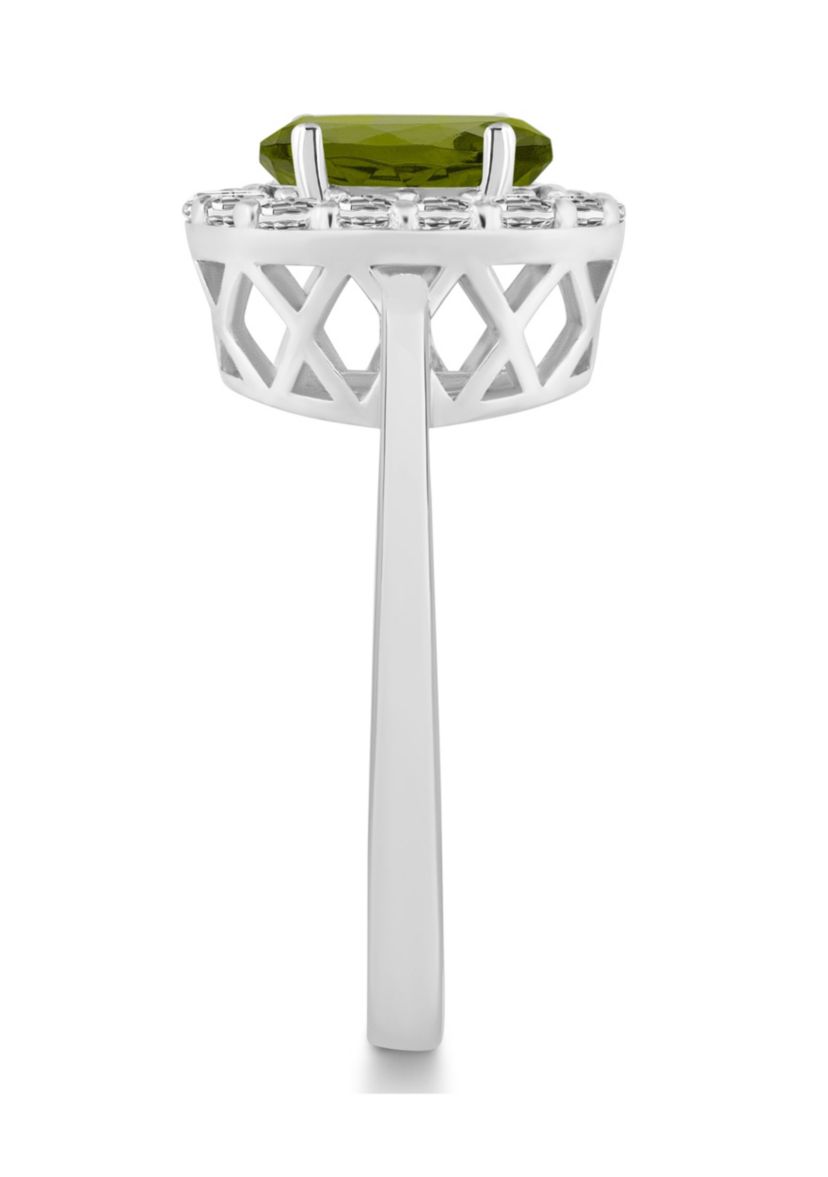 Sterling Silver 8x6mm Oval Peridot And White Topaz Halo Ring