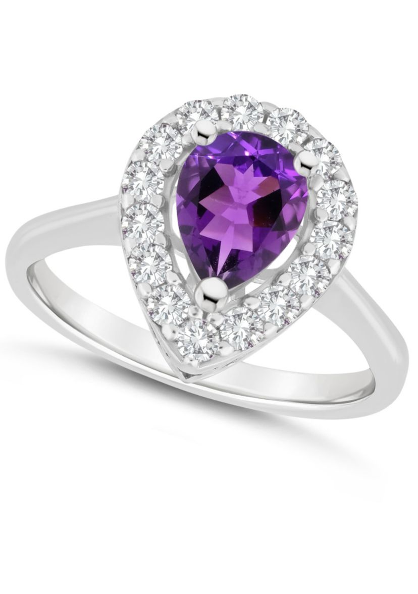 Sterling Silver 8x5mm Pear Shape Amethyst And White Topaz Halo Ring