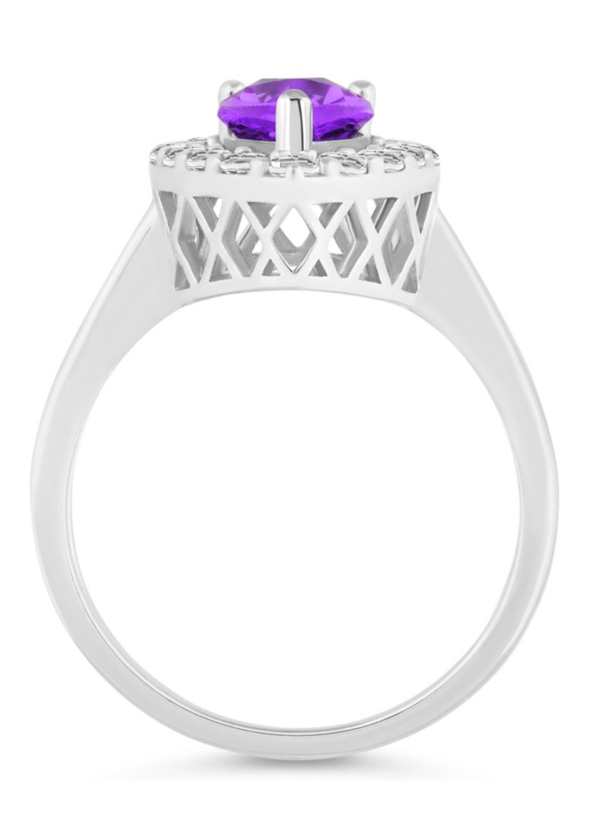 Sterling Silver 8x5mm Pear Shape Amethyst And White Topaz Halo Ring
